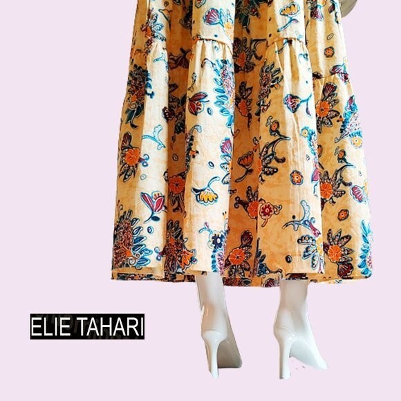 ELIE TAHARI NEW SUNLIT GARDEN Bohemian Floral Tiered Full Midi Skirt L - Picture 9 of 11
